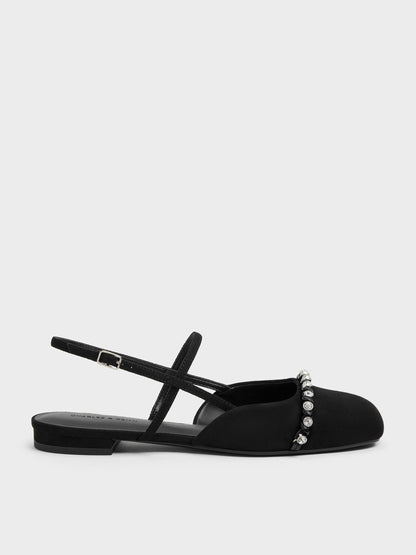 CHARLES & KEITH Customer Favorite | Faux Suede Crystal Slingback Flats - Black Textured
