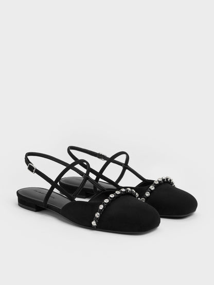 CHARLES & KEITH Customer Favorite | Faux Suede Crystal Slingback Flats - Black Textured