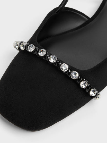 CHARLES & KEITH Customer Favorite | Faux Suede Crystal Slingback Flats - Black Textured