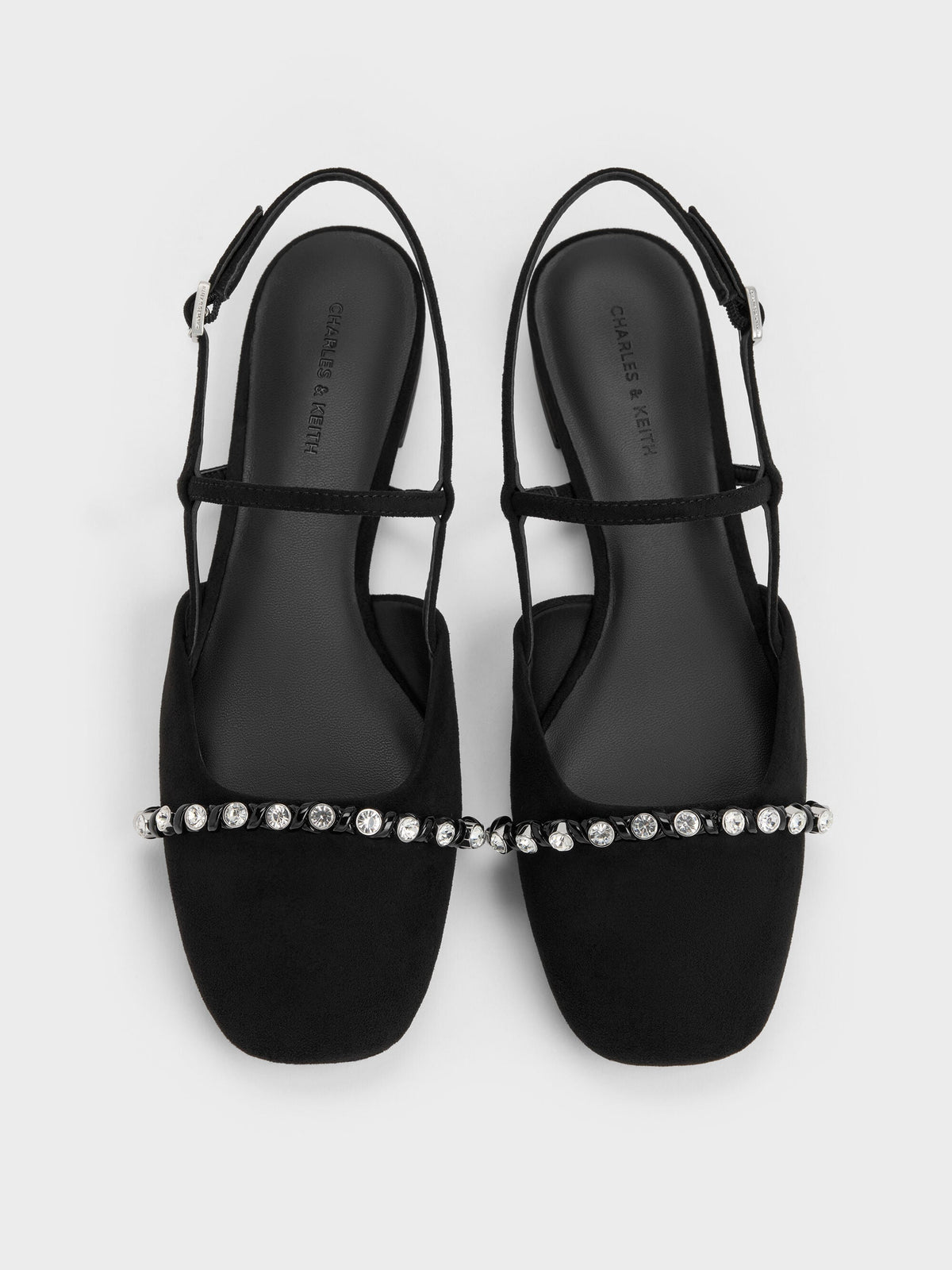 CHARLES & KEITH Customer Favorite | Faux Suede Crystal Slingback Flats - Black Textured