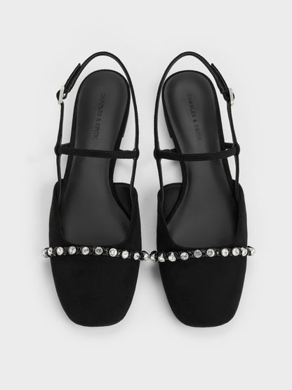 CHARLES & KEITH Customer Favorite | Faux Suede Crystal Slingback Flats - Black Textured
