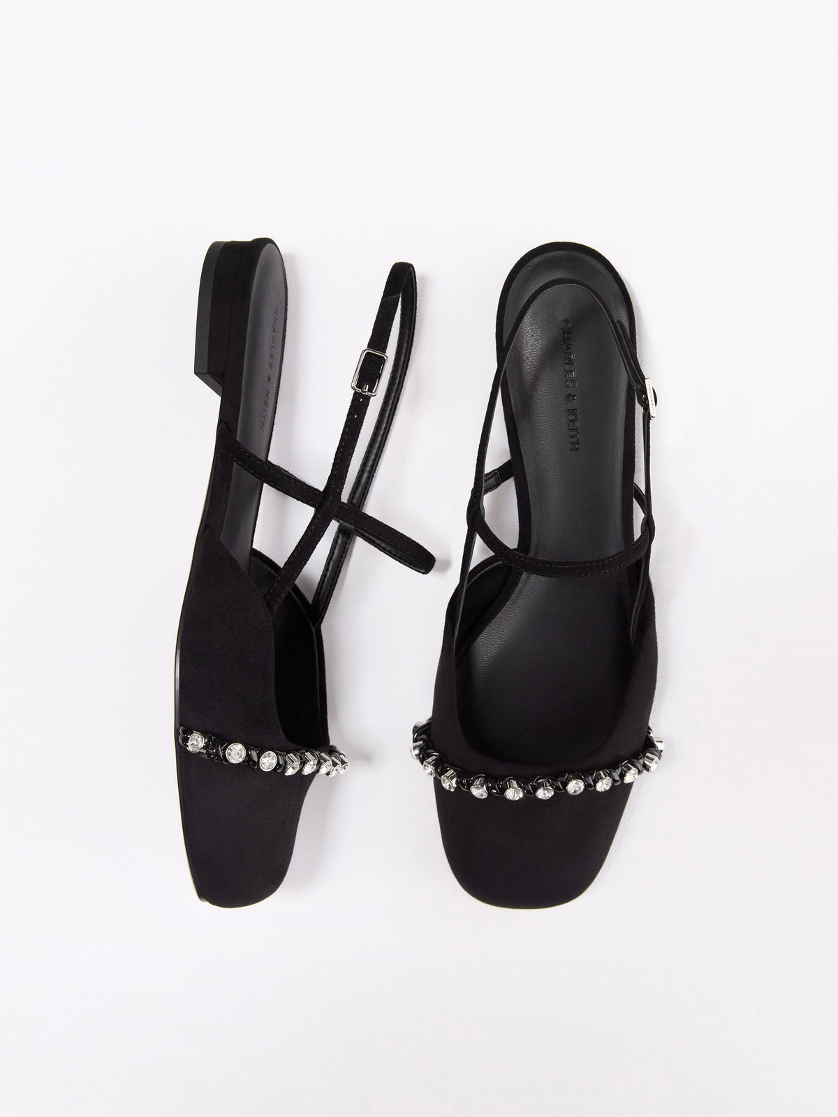 CHARLES & KEITH Customer Favorite | Faux Suede Crystal Slingback Flats - Black Textured
