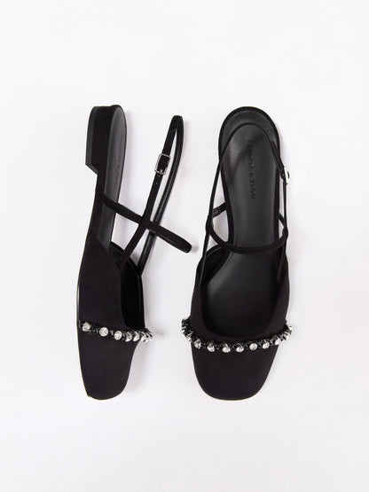 CHARLES & KEITH Customer Favorite | Faux Suede Crystal Slingback Flats - Black Textured