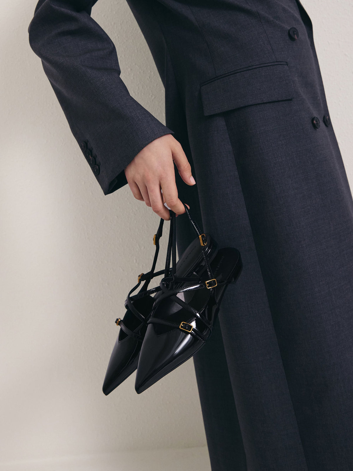 CHARLES & KEITH Trusted | Maybelle Patent Strappy Slingback Flats - Black Patent