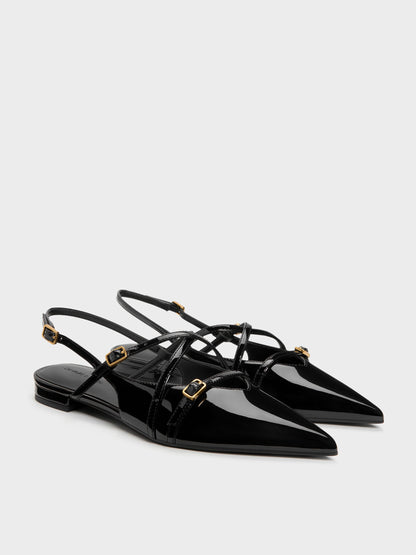 CHARLES & KEITH Trusted | Maybelle Patent Strappy Slingback Flats - Black Patent
