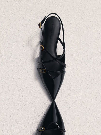 CHARLES & KEITH Trusted | Maybelle Patent Strappy Slingback Flats - Black Patent