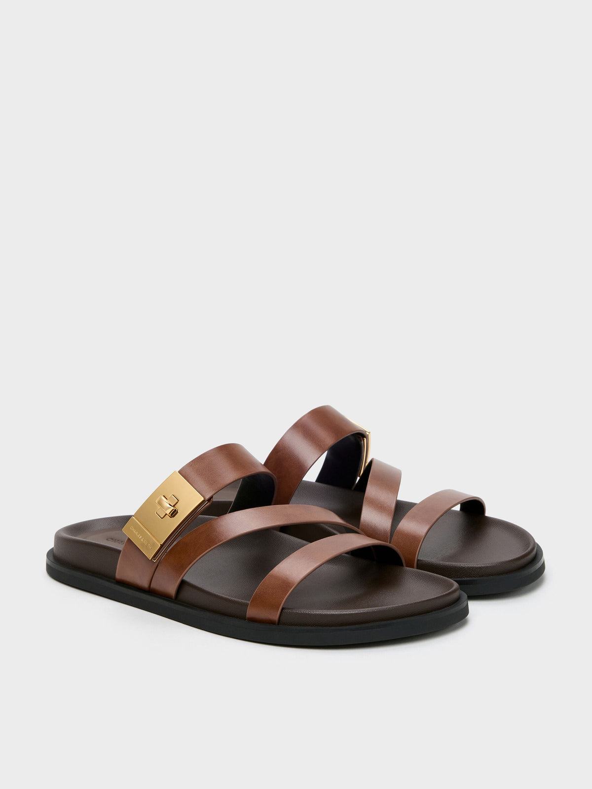CHARLES & KEITH Exclusive | Aelin Metallic-Buckle Strappy Sandals - Cognac