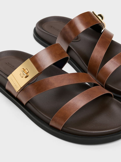 CHARLES & KEITH Exclusive | Aelin Metallic-Buckle Strappy Sandals - Cognac