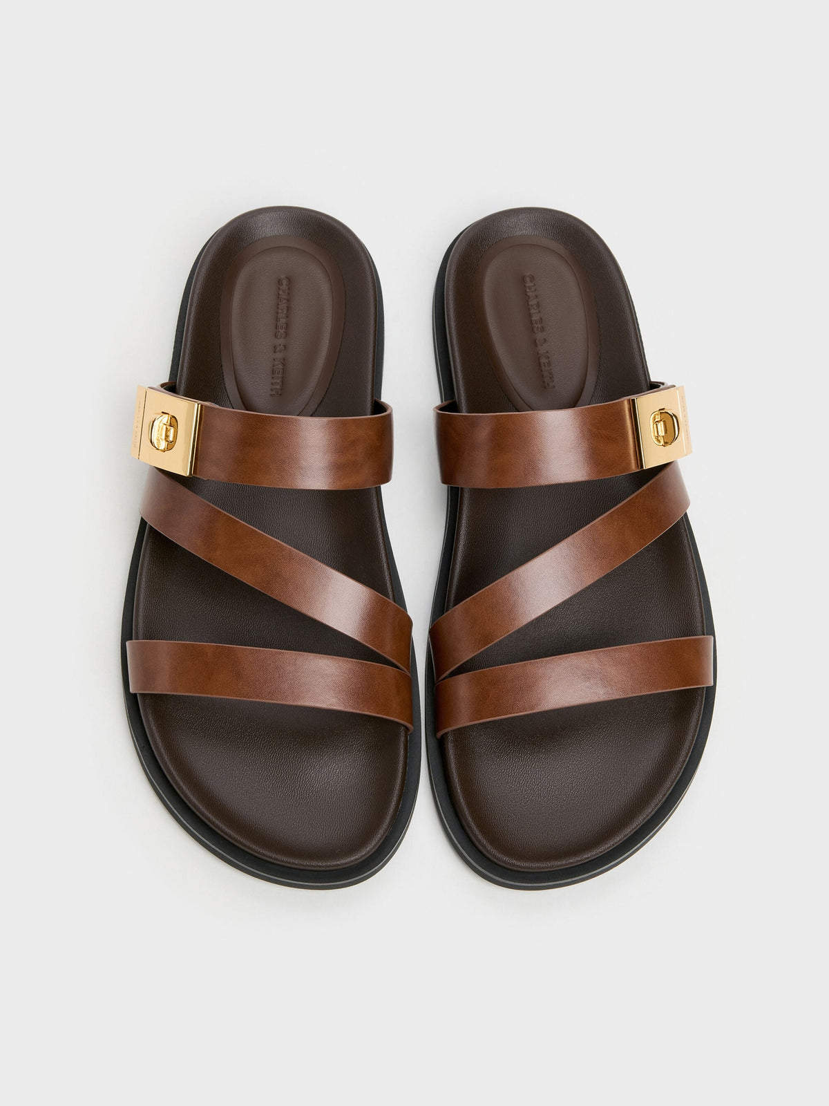 CHARLES & KEITH Exclusive | Aelin Metallic-Buckle Strappy Sandals - Cognac