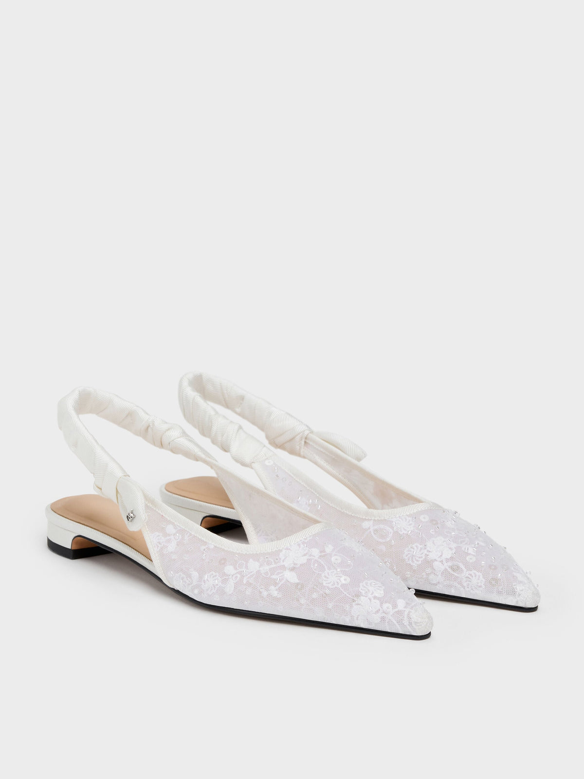 CHARLES & KEITH Exclusive | Tayari Embroidered-Mesh Slingback Flats - White