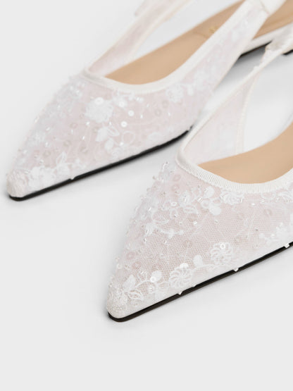 CHARLES & KEITH Exclusive | Tayari Embroidered-Mesh Slingback Flats - White