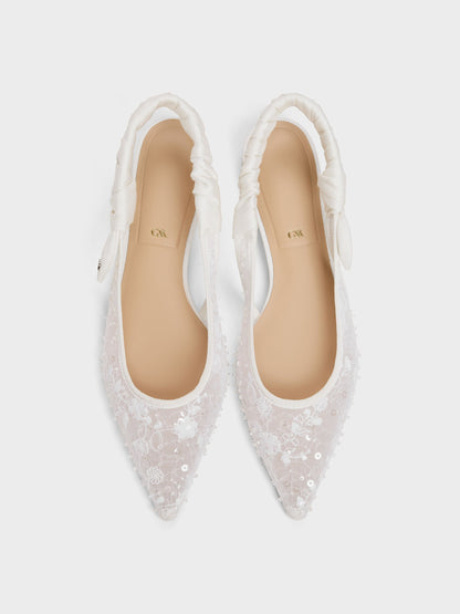 CHARLES & KEITH Exclusive | Tayari Embroidered-Mesh Slingback Flats - White