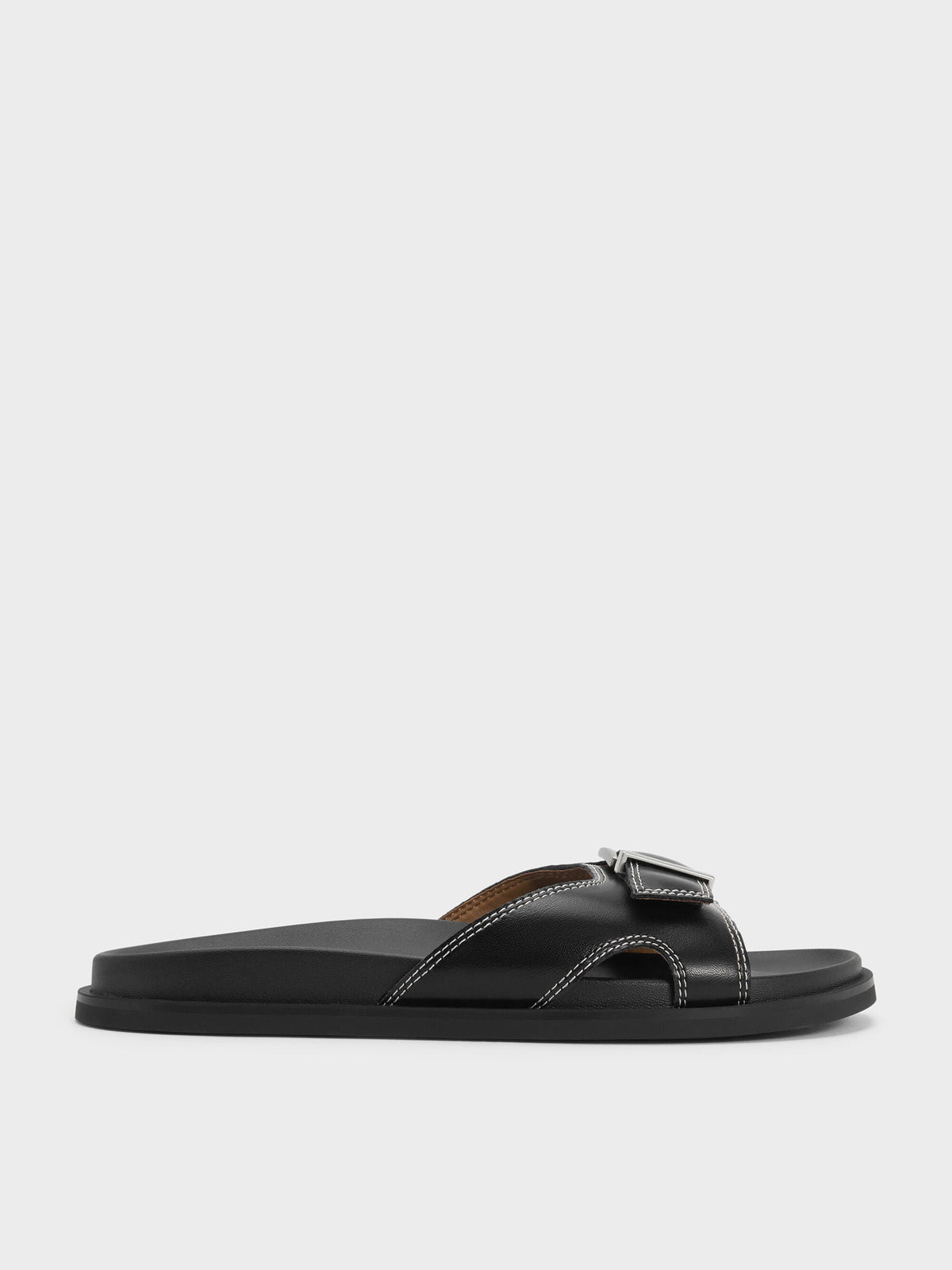 CHARLES & KEITH Latest | Stitch-Trim Buckled Slides - Black