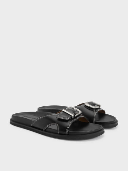 CHARLES & KEITH Latest | Stitch-Trim Buckled Slides - Black