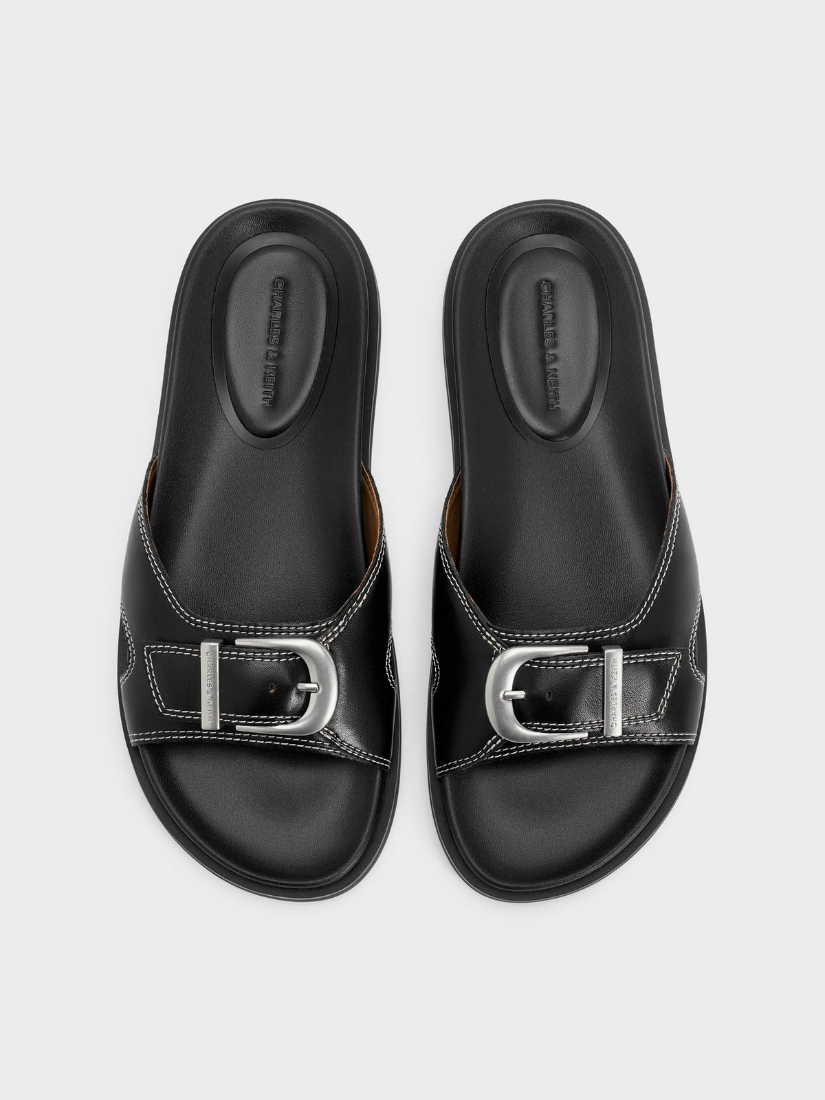 CHARLES & KEITH Latest | Stitch-Trim Buckled Slides - Black