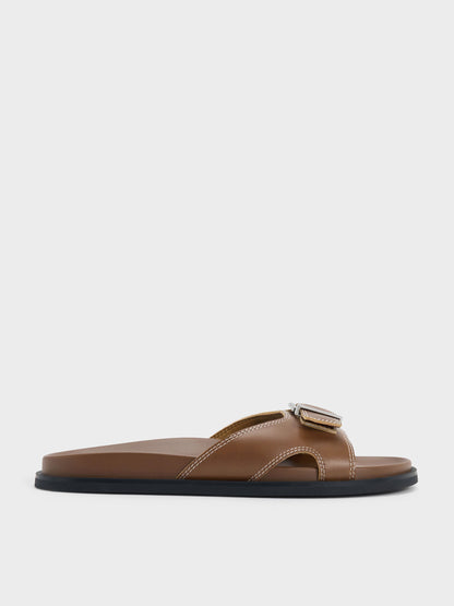 CHARLES & KEITH Sale | Stitch-Trim Buckled Slides - Cognac