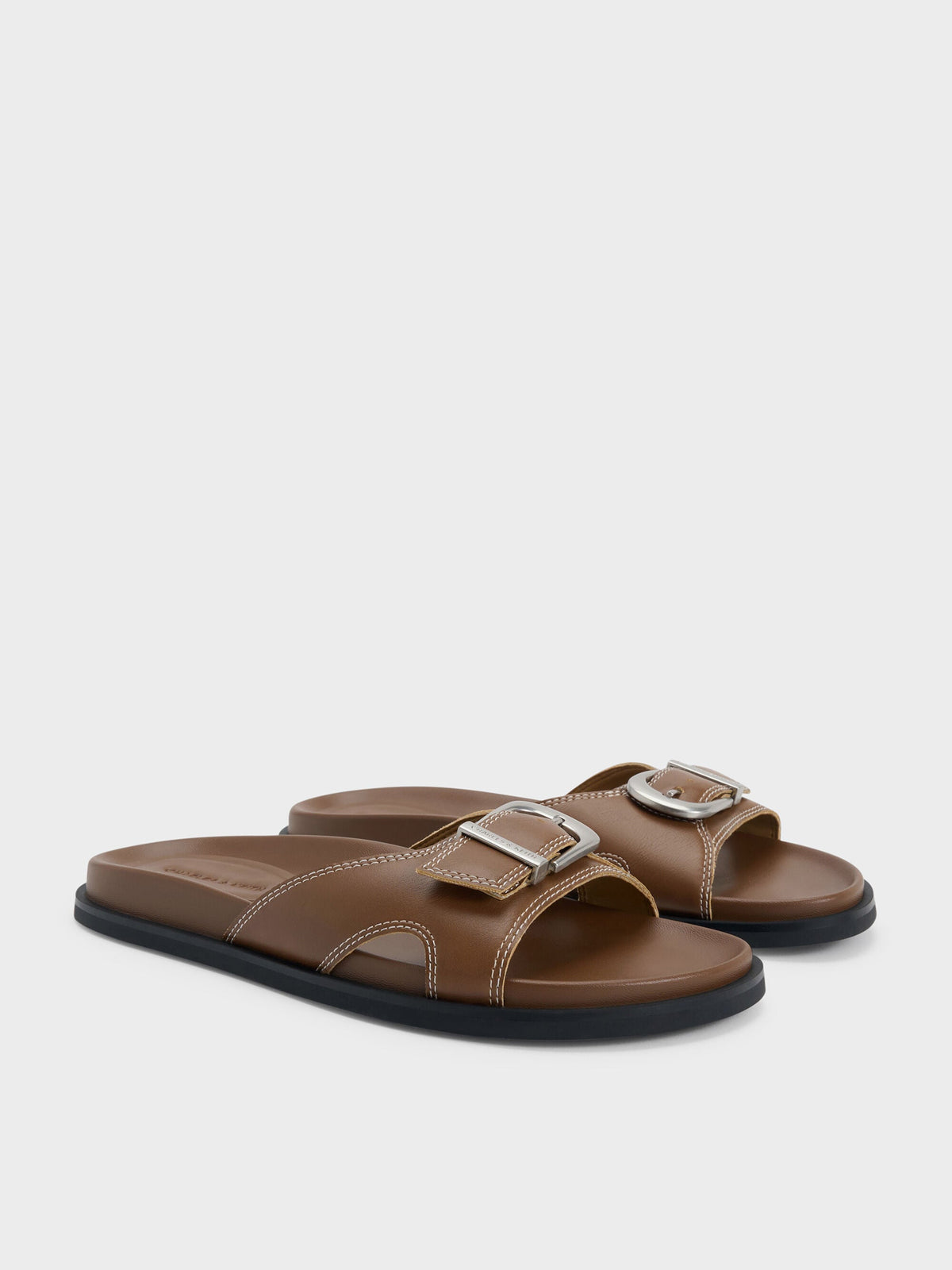 CHARLES & KEITH Sale | Stitch-Trim Buckled Slides - Cognac