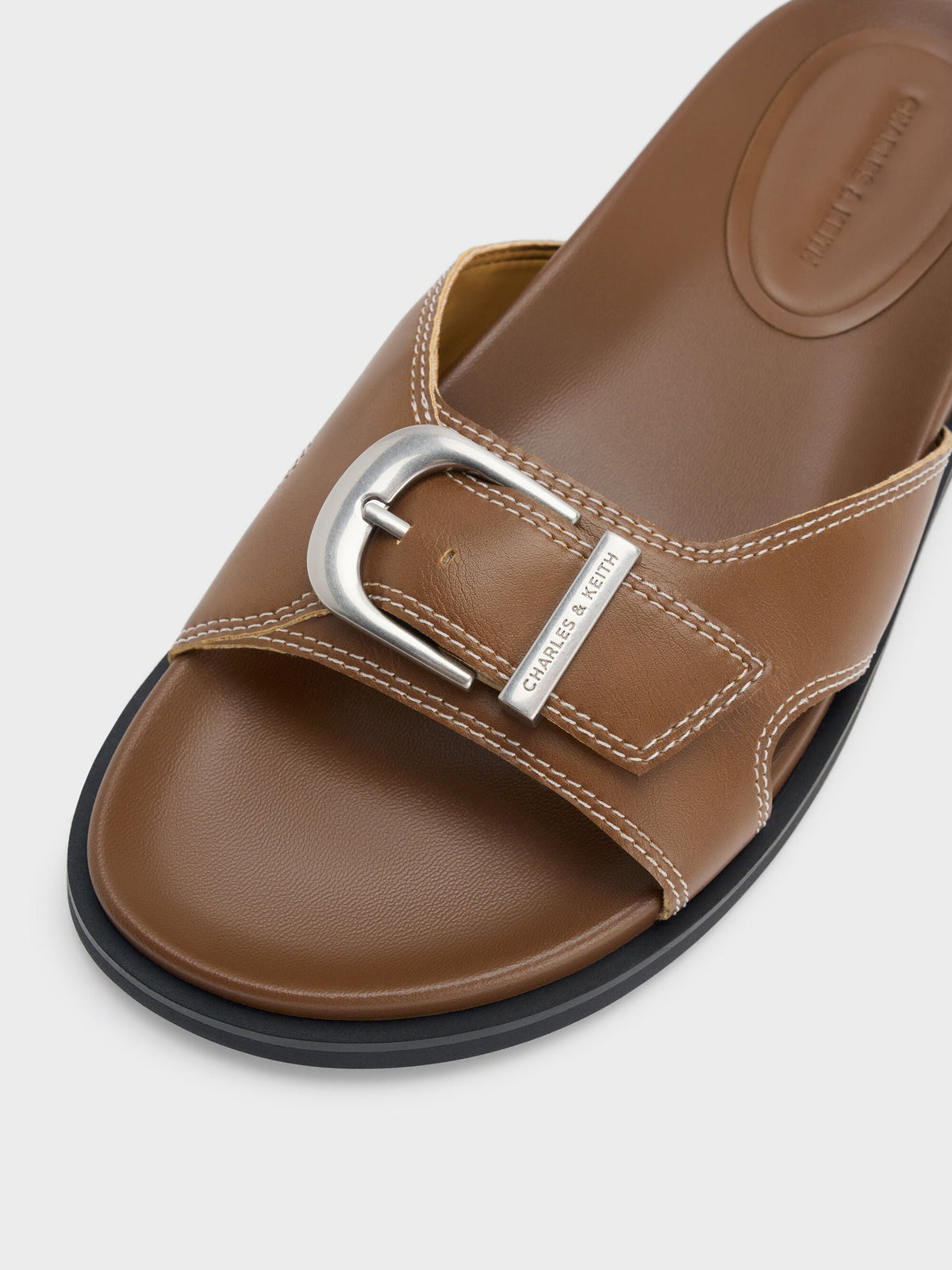 CHARLES & KEITH Sale | Stitch-Trim Buckled Slides - Cognac