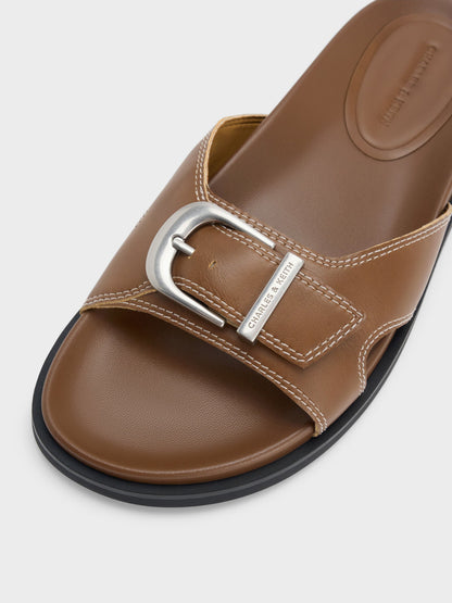 CHARLES & KEITH Sale | Stitch-Trim Buckled Slides - Cognac