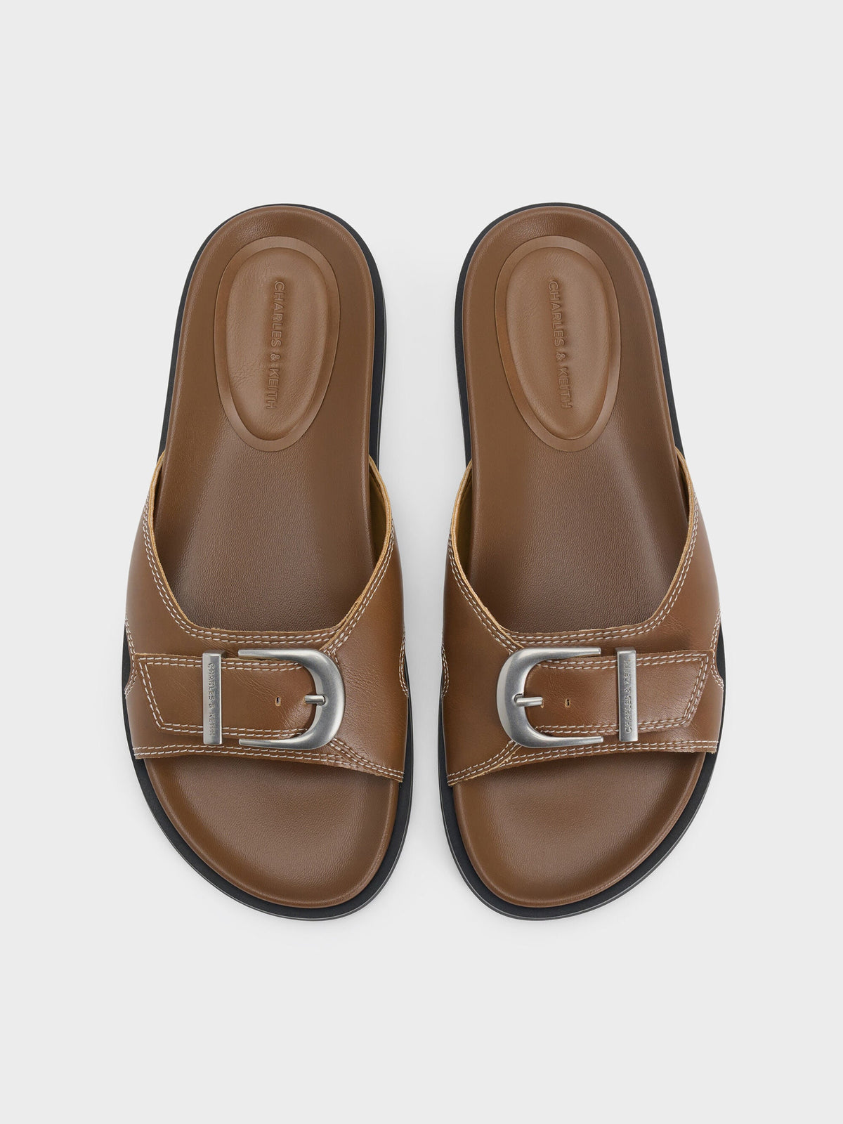 CHARLES & KEITH Sale | Stitch-Trim Buckled Slides - Cognac