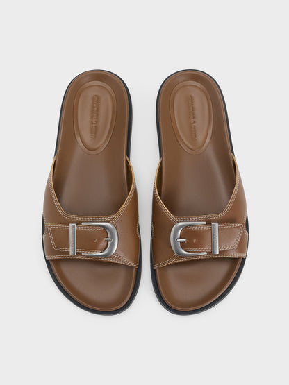 CHARLES & KEITH Sale | Stitch-Trim Buckled Slides - Cognac
