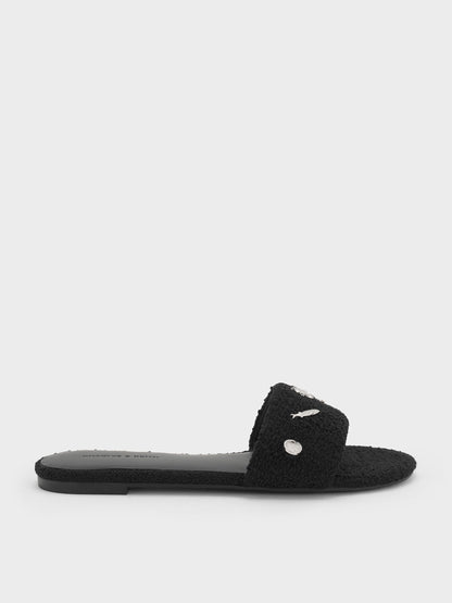 CHARLES & KEITH Trending | Tweed Beach Slide Sandals - Black Textured