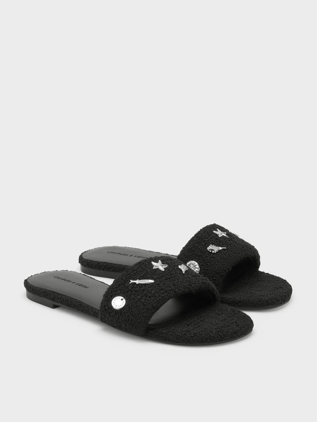 CHARLES & KEITH Trending | Tweed Beach Slide Sandals - Black Textured