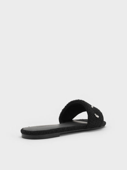 CHARLES & KEITH Trending | Tweed Beach Slide Sandals - Black Textured
