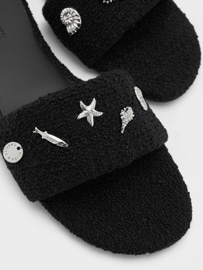 CHARLES & KEITH Trending | Tweed Beach Slide Sandals - Black Textured