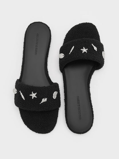 CHARLES & KEITH Trending | Tweed Beach Slide Sandals - Black Textured