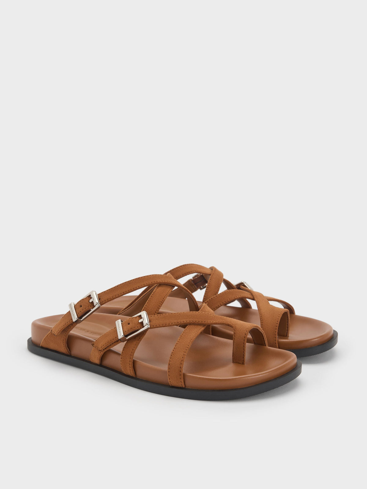 CHARLES & KEITH Quality | Faux Suede Crossover Toe-Ring Sandals - Cognac
