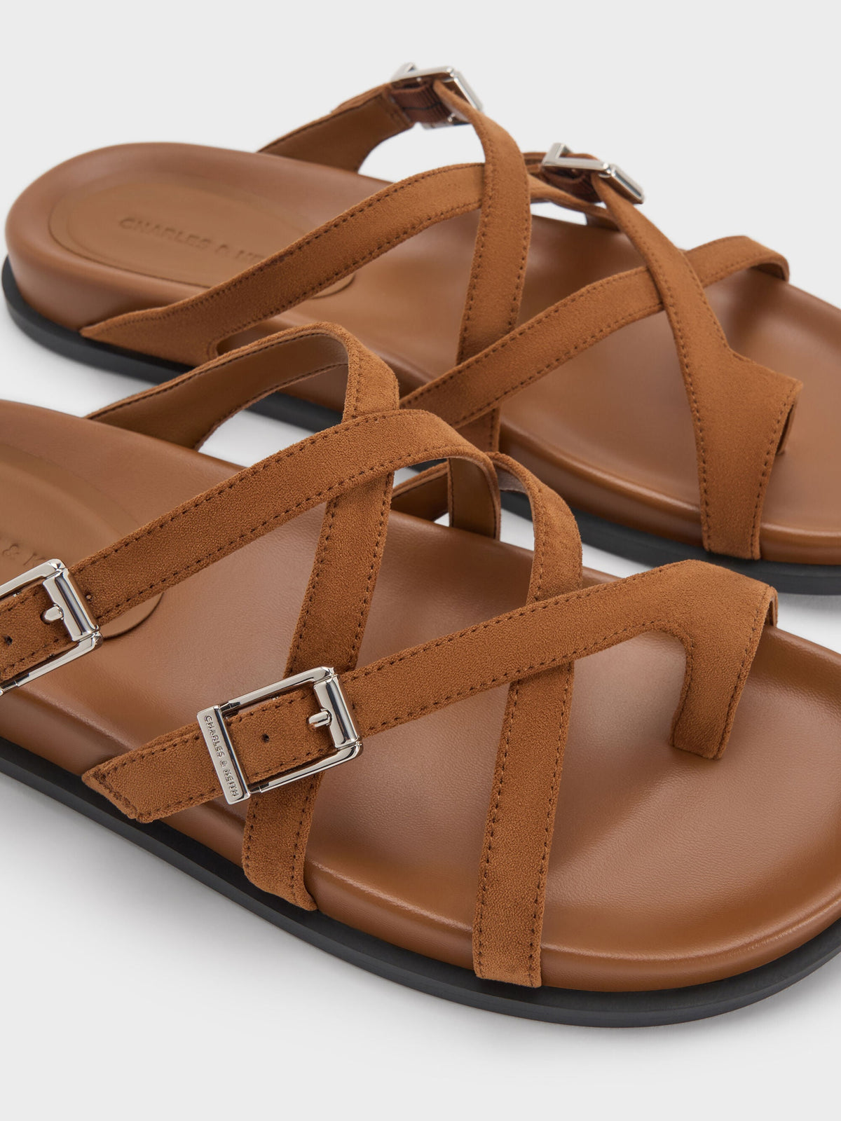 CHARLES & KEITH Quality | Faux Suede Crossover Toe-Ring Sandals - Cognac