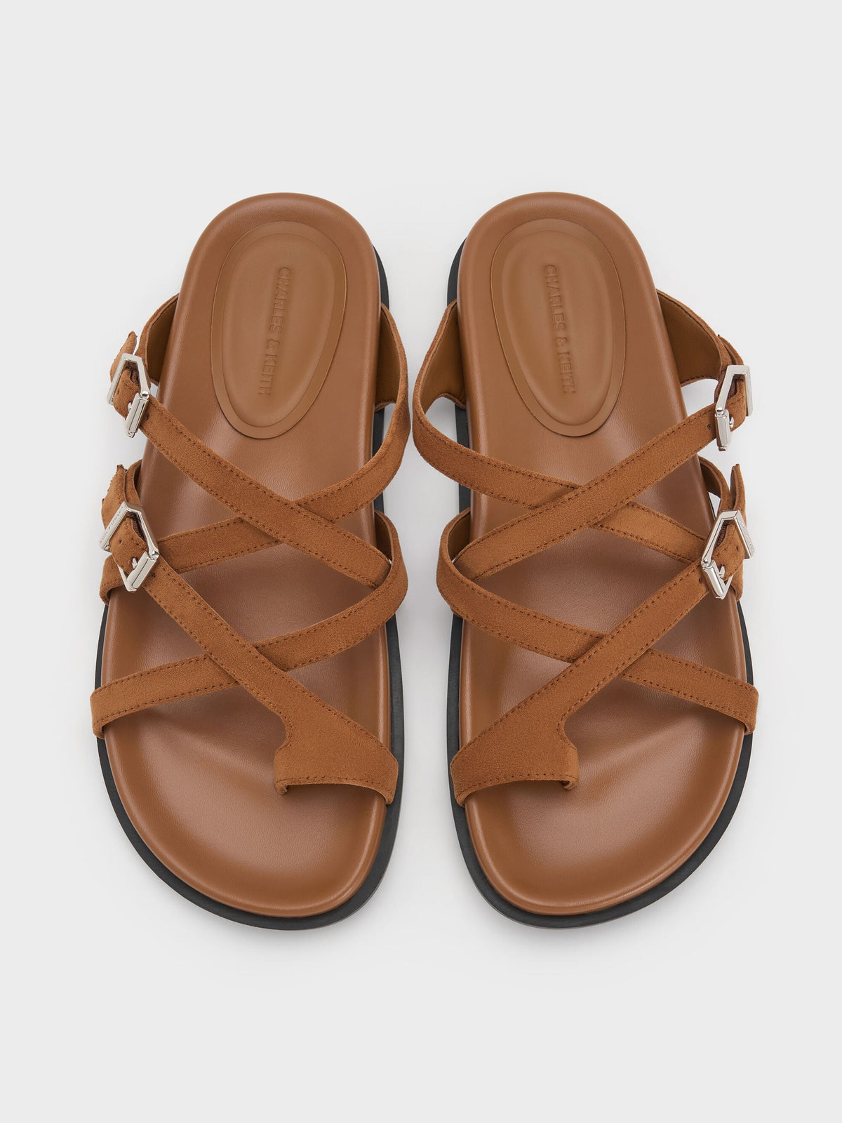 CHARLES & KEITH Quality | Faux Suede Crossover Toe-Ring Sandals - Cognac