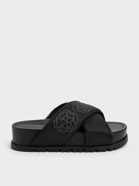 CHARLES & KEITH Customer Favorite | Satin Embroidered-Flower Crossover Sandals - Black Textured