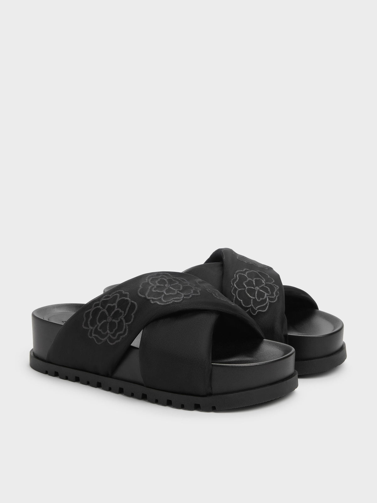 CHARLES & KEITH Customer Favorite | Satin Embroidered-Flower Crossover Sandals - Black Textured
