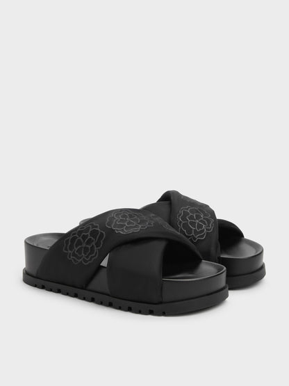 CHARLES & KEITH Customer Favorite | Satin Embroidered-Flower Crossover Sandals - Black Textured