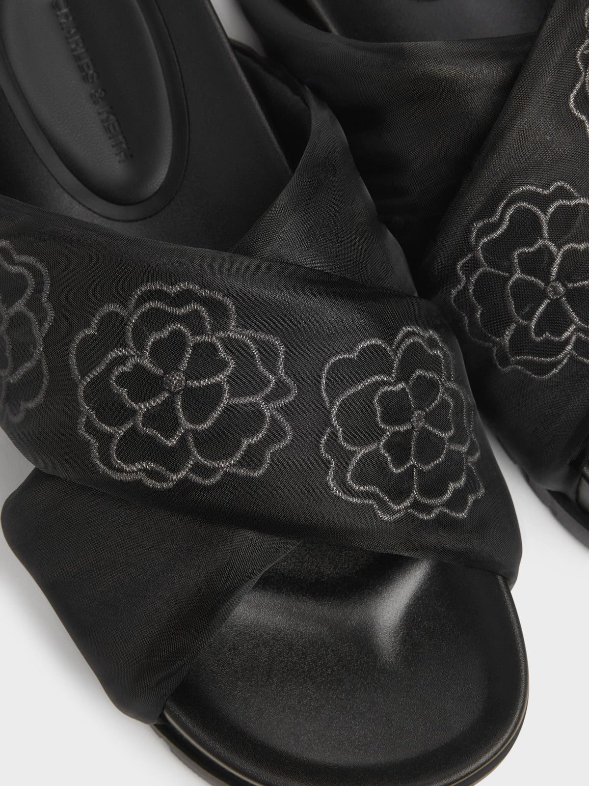CHARLES & KEITH Customer Favorite | Satin Embroidered-Flower Crossover Sandals - Black Textured