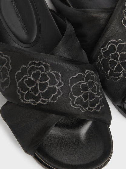 CHARLES & KEITH Customer Favorite | Satin Embroidered-Flower Crossover Sandals - Black Textured