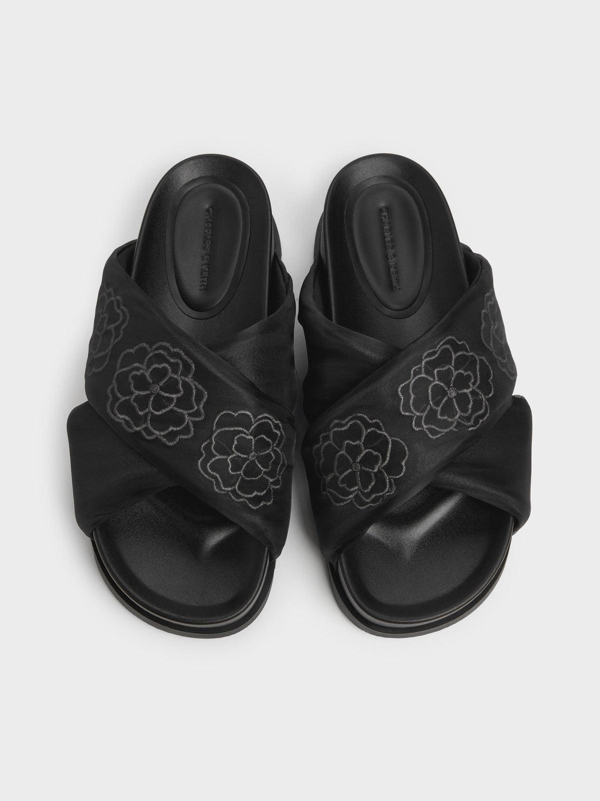 CHARLES & KEITH Customer Favorite | Satin Embroidered-Flower Crossover Sandals - Black Textured