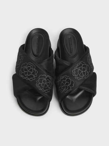 CHARLES & KEITH Customer Favorite | Satin Embroidered-Flower Crossover Sandals - Black Textured