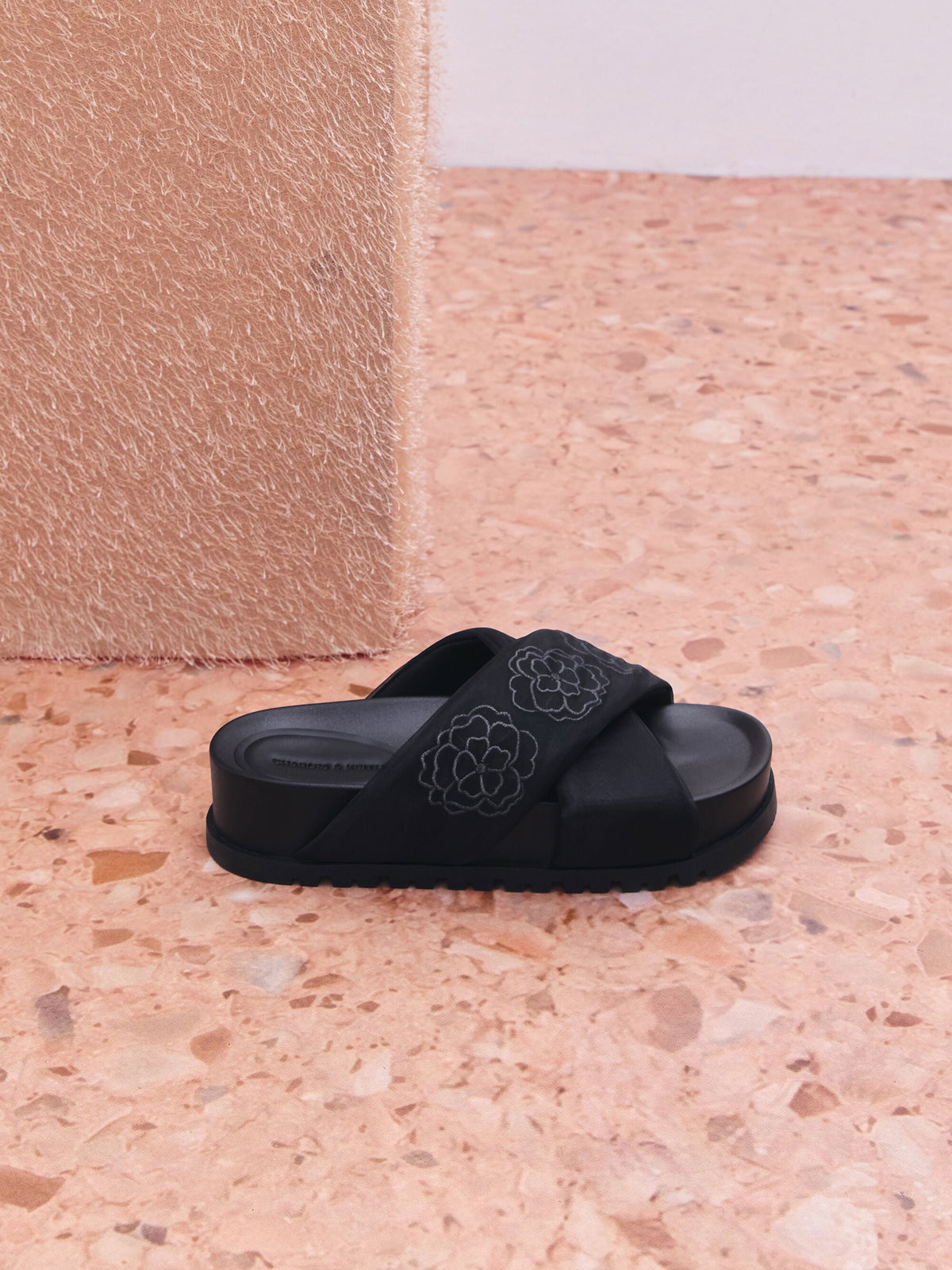 CHARLES & KEITH Customer Favorite | Satin Embroidered-Flower Crossover Sandals - Black Textured