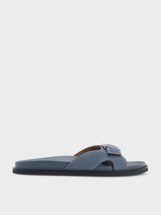 CHARLES & KEITH Premium | Faux Suede Stitch-Trim Buckled Slides - Blue