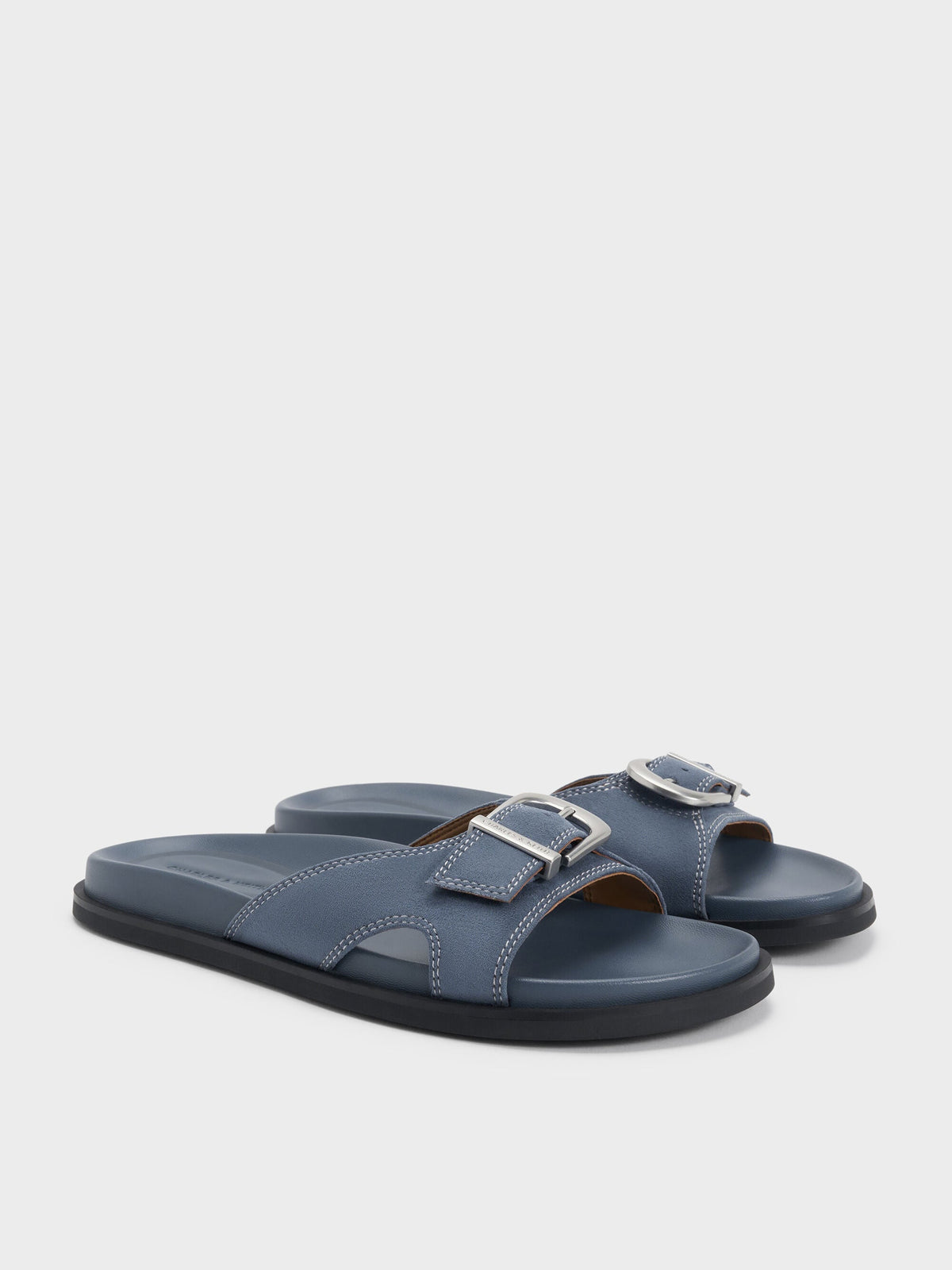 CHARLES & KEITH Premium | Faux Suede Stitch-Trim Buckled Slides - Blue