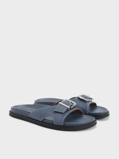 CHARLES & KEITH Premium | Faux Suede Stitch-Trim Buckled Slides - Blue