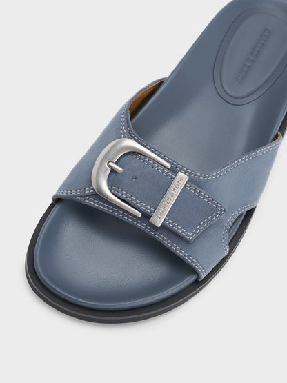 CHARLES & KEITH Premium | Faux Suede Stitch-Trim Buckled Slides - Blue