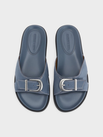 CHARLES & KEITH Premium | Faux Suede Stitch-Trim Buckled Slides - Blue