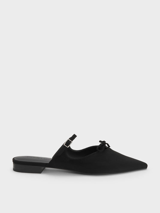 CHARLES & KEITH Signature | Faux Suede Bow Mary Jane Mules - Black Textured