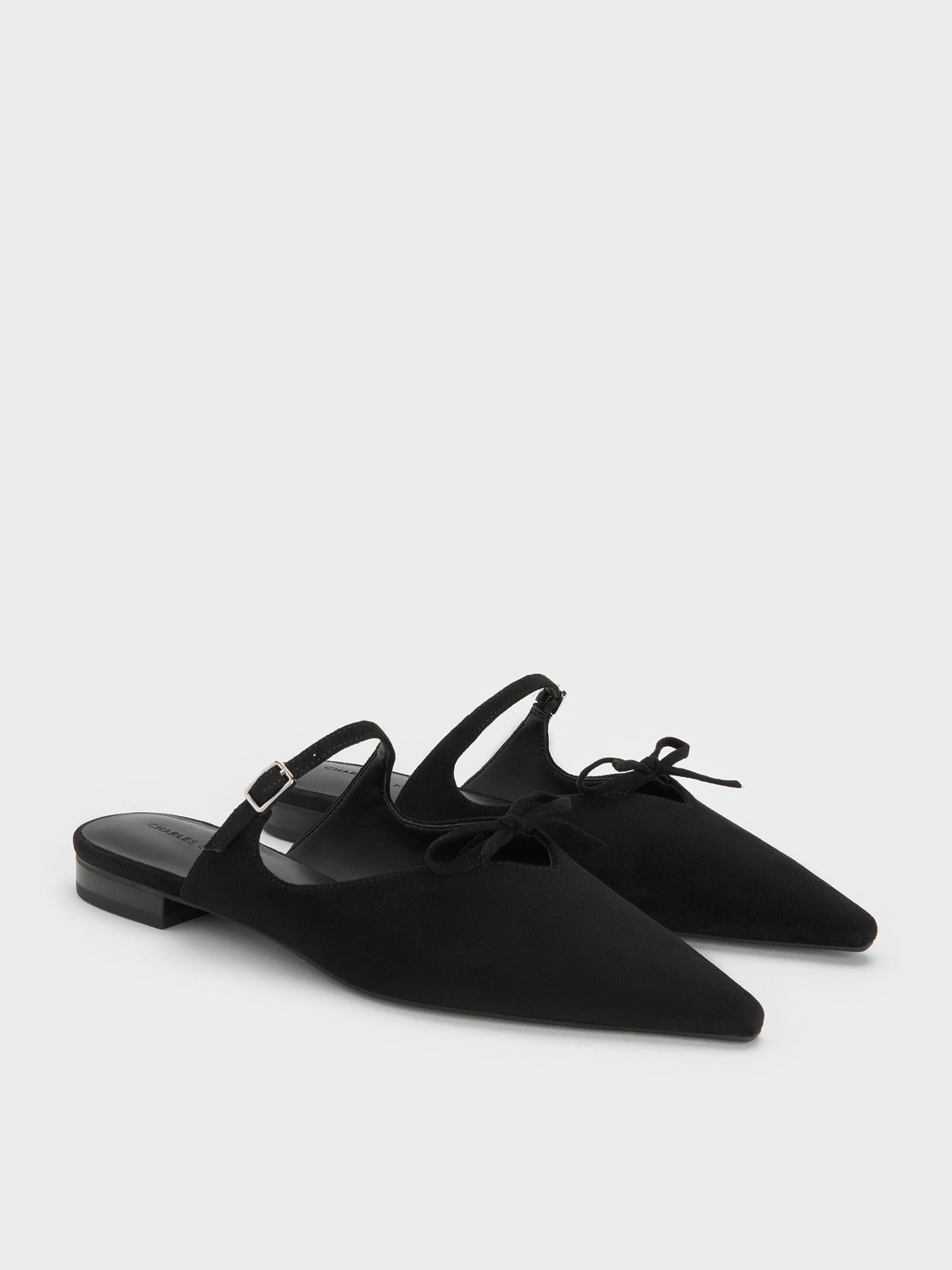 CHARLES & KEITH Signature | Faux Suede Bow Mary Jane Mules - Black Textured