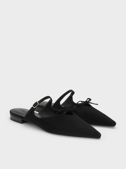 CHARLES & KEITH Signature | Faux Suede Bow Mary Jane Mules - Black Textured