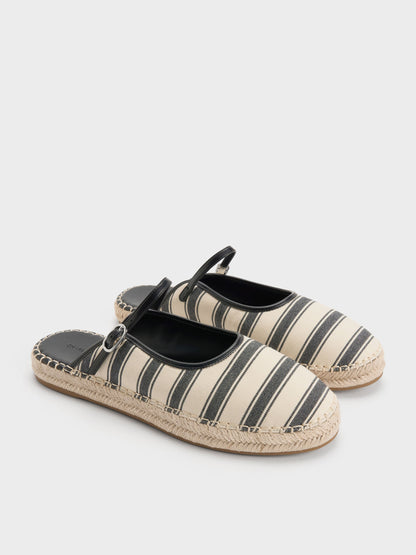 CHARLES & KEITH New | Striped Mary Jane Espadrille Mules - Black Textured